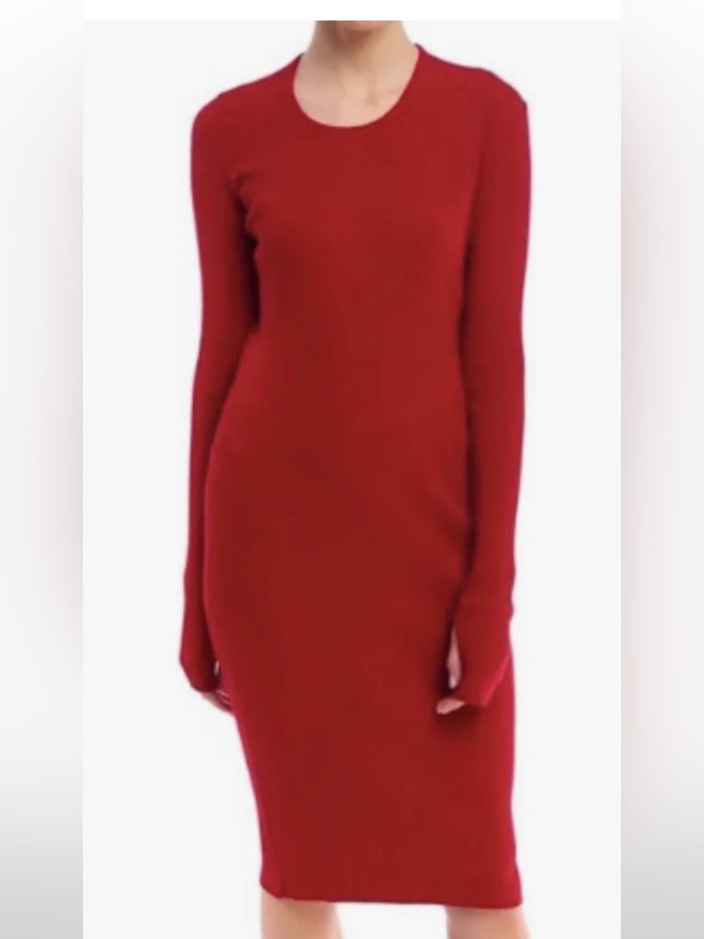 Helmut Lang Deep Red Ribbed Long-Sleeve Midi Dress